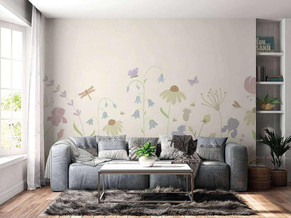 Bloemenveld hoog met vlinders beige, oud roze, groen en lila