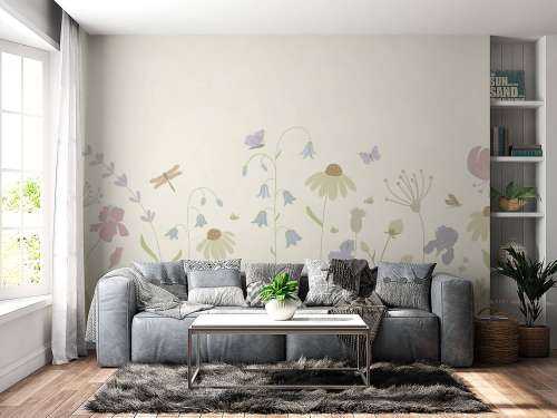 Bloemenveld hoog met vlinders beige, oud roze, groen en lila