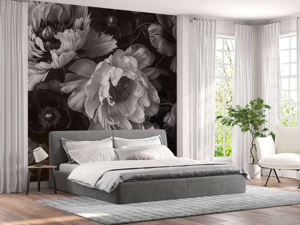 Baroque maximalistic flower garden greyscale