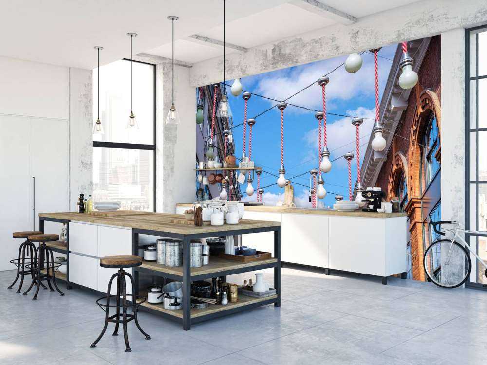 Light bulbs hanging across the buildings for Christmas decorations, London