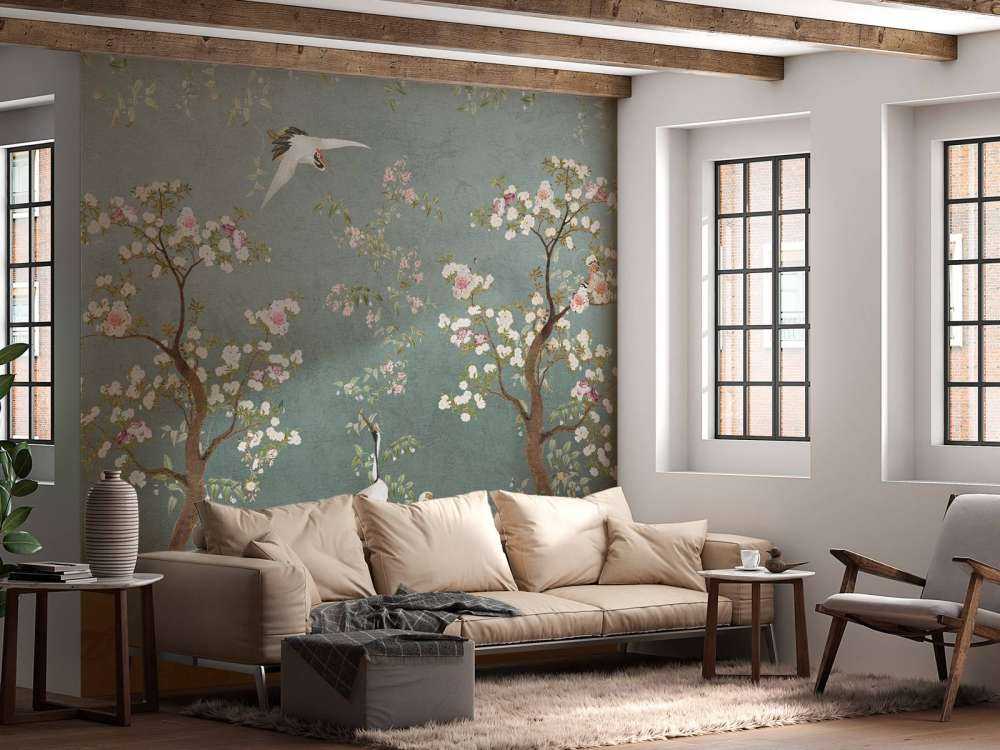 Bloesembomen met kraanvogels in serene tuin