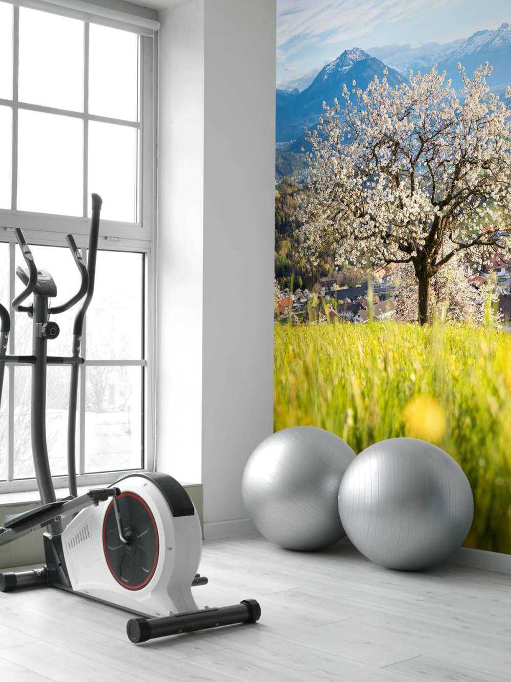 Bloeiende kersenboom in alpenweide