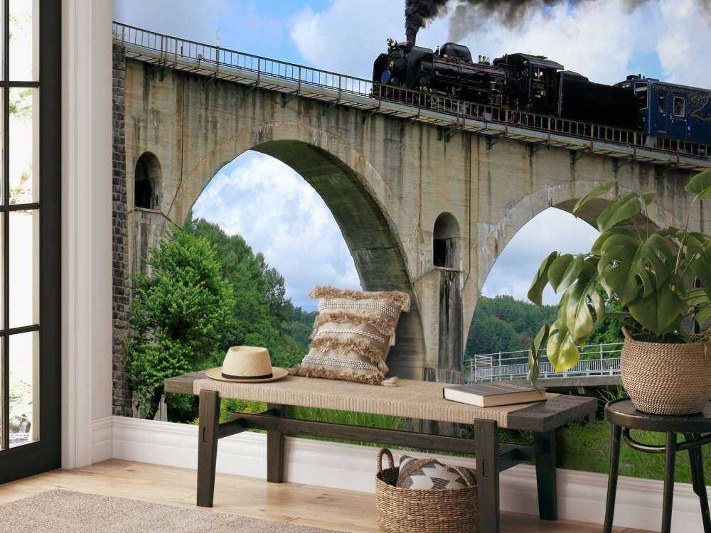 Stoomtrein op een viaduct