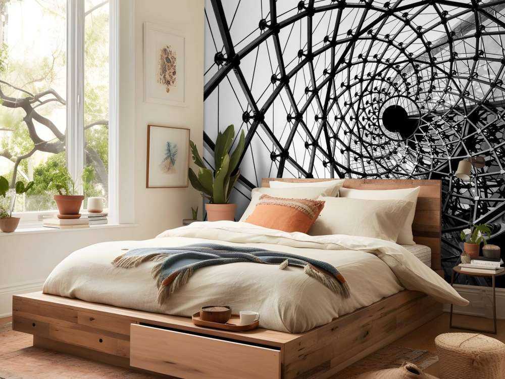 Spiraalvormige architectuur in zwart-wit