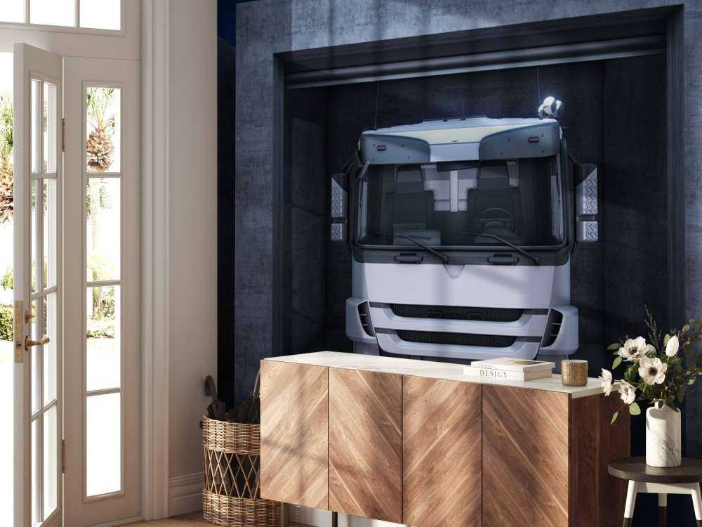 Vrachtwagens in garageboxen