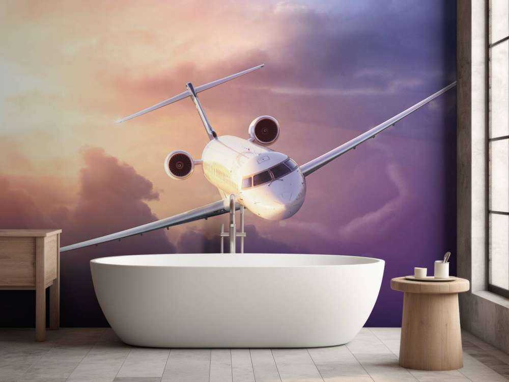 Witte vliegtuig bij zonsondergang