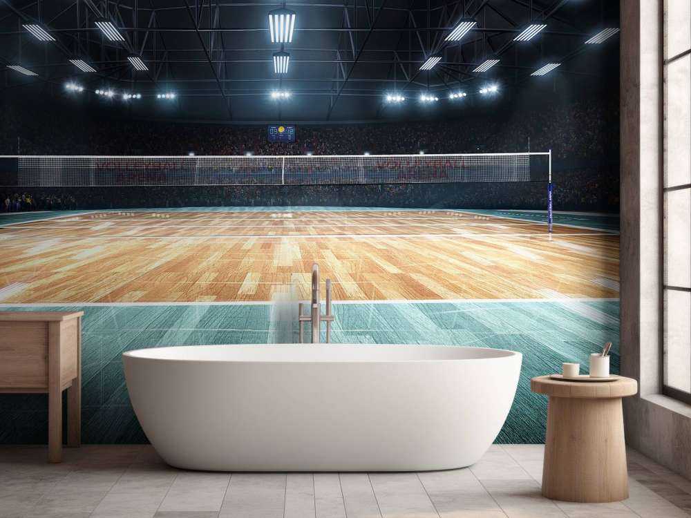 Verlicht volleybalveld met een houten vloer