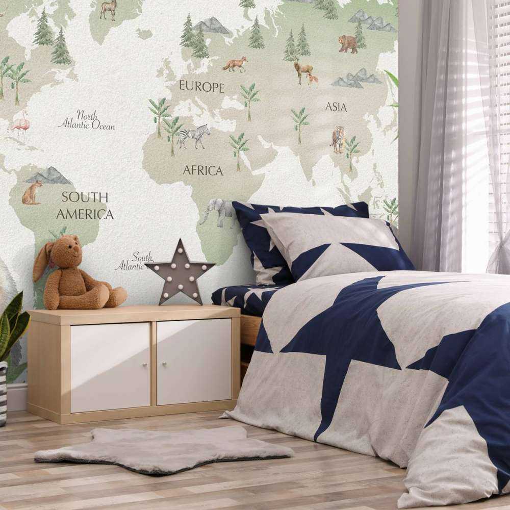 Wereldkaart met bamboe en panda's