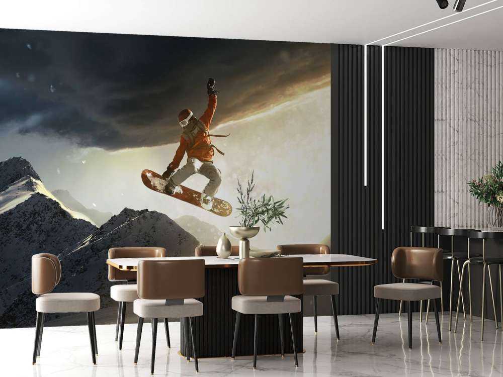 Snowboarder maakt een sprong bij zonsondergang