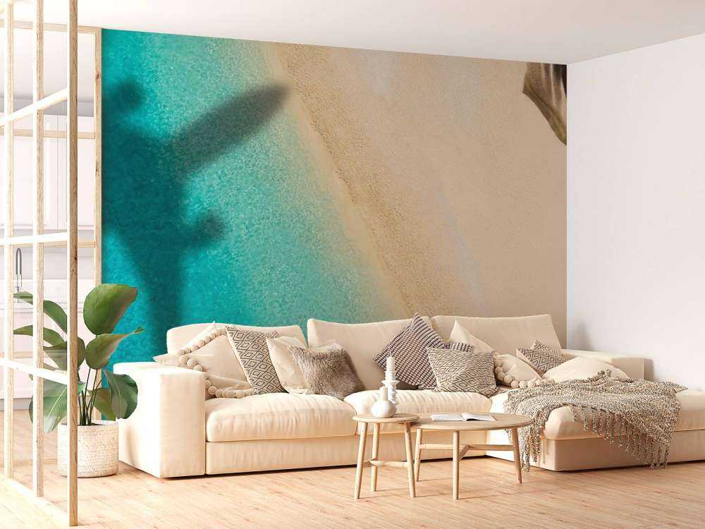 Vliegtuig schaduw op een tropisch strand