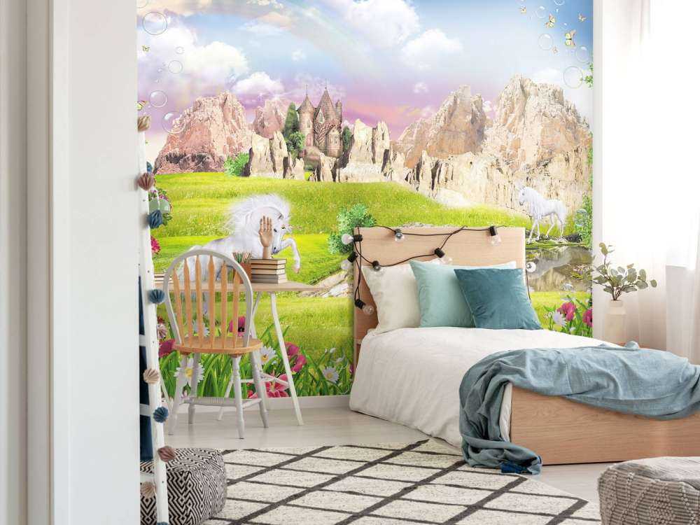 Eenhoorns in een droomlandschap