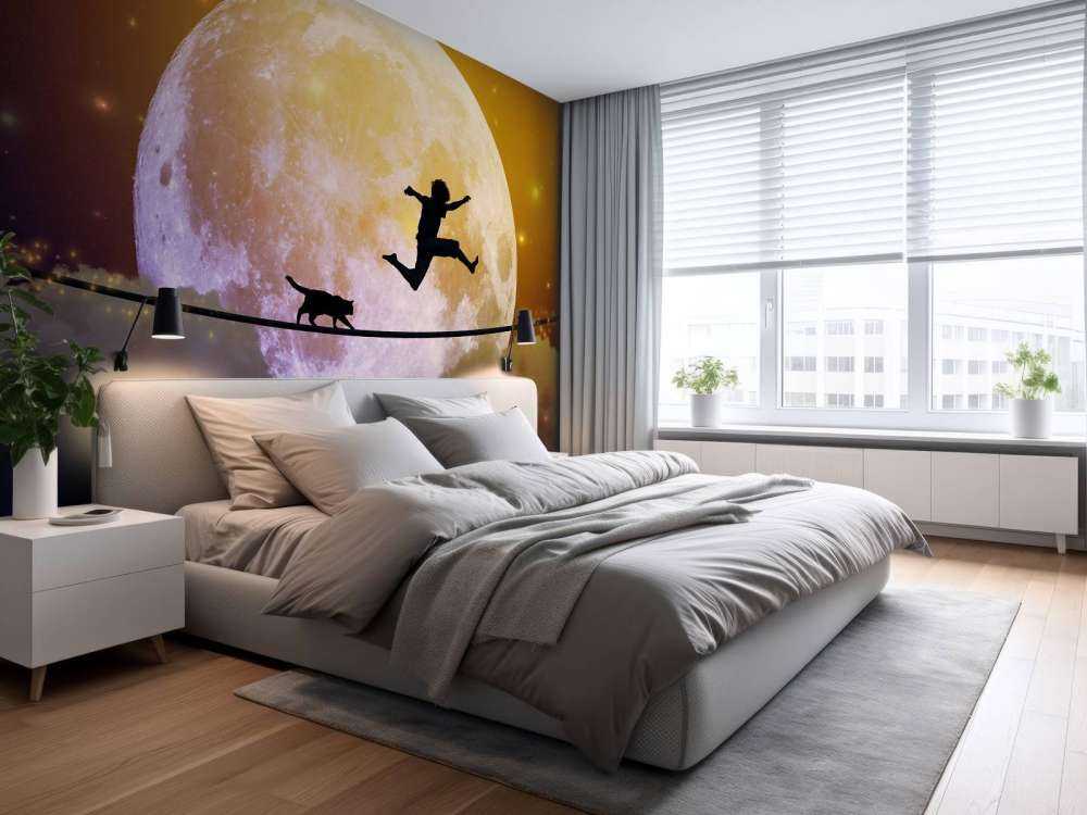 Gelukkige tiener en kat op een koord langs de maan