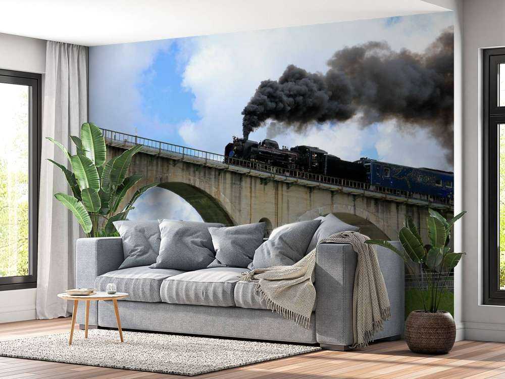 Stoomtrein op een viaduct