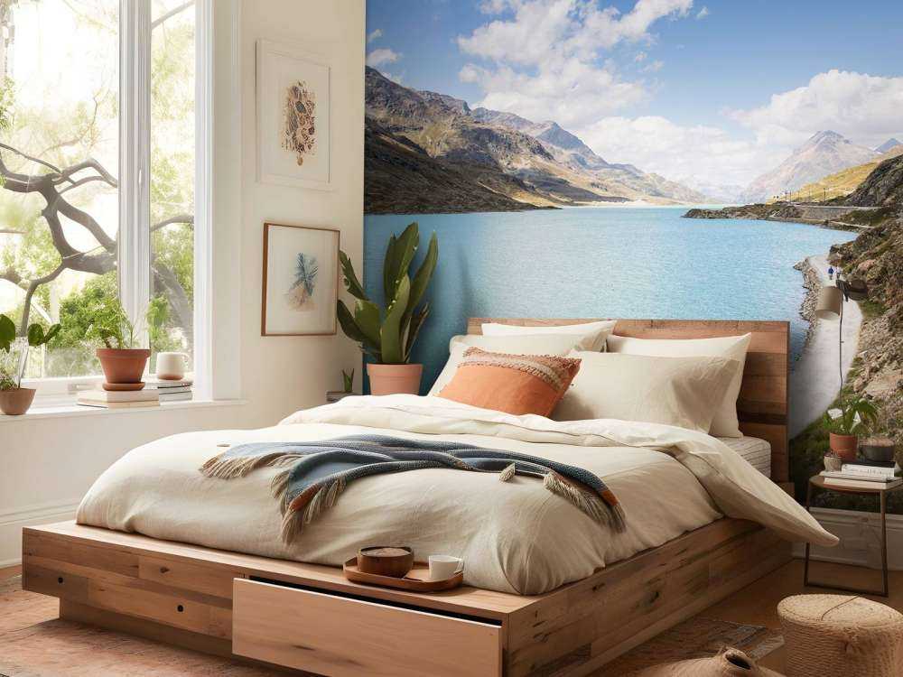 Rode trein langs een meer