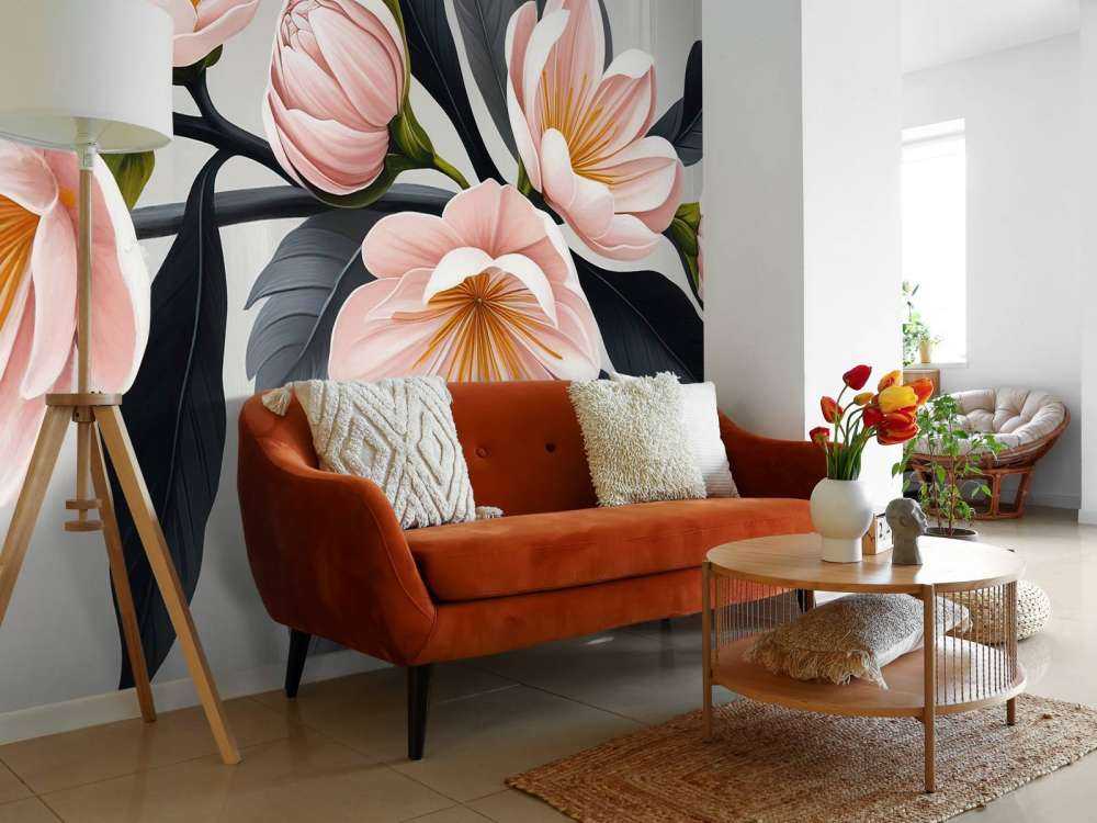 Roze magnoliabloemen met donkere bladeren