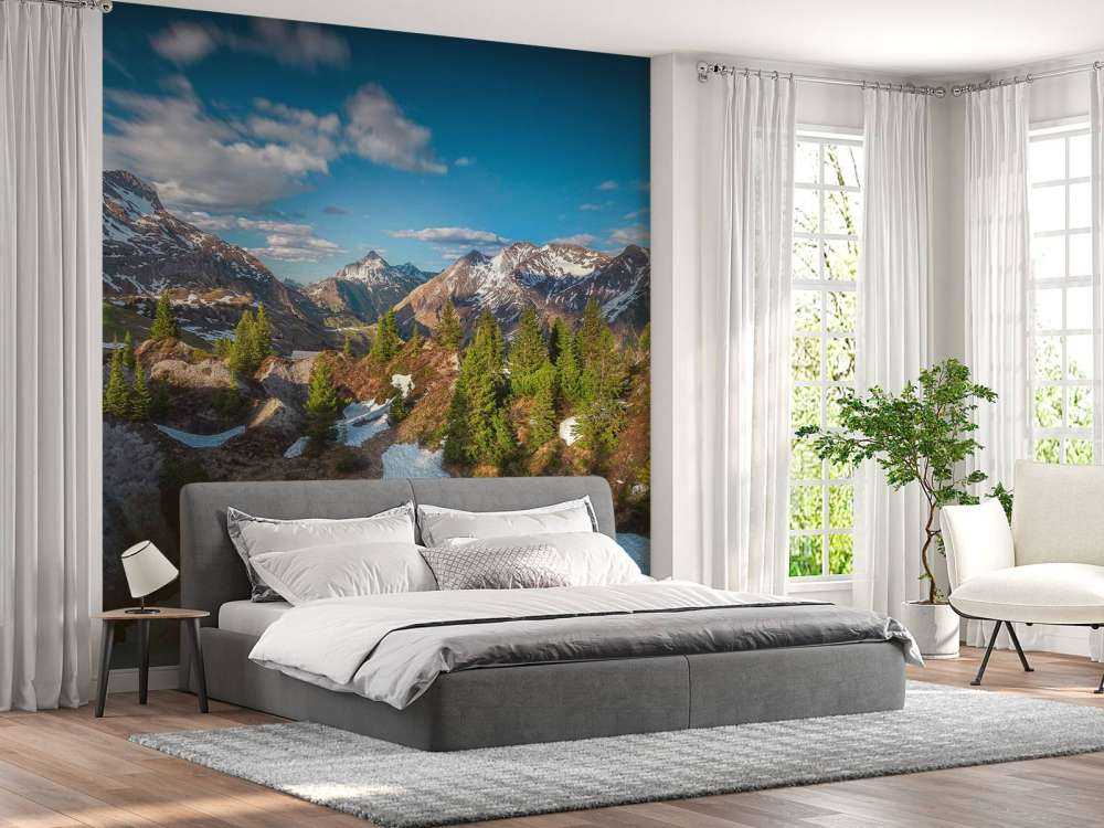 Lentezon over besneeuwd bergwoud