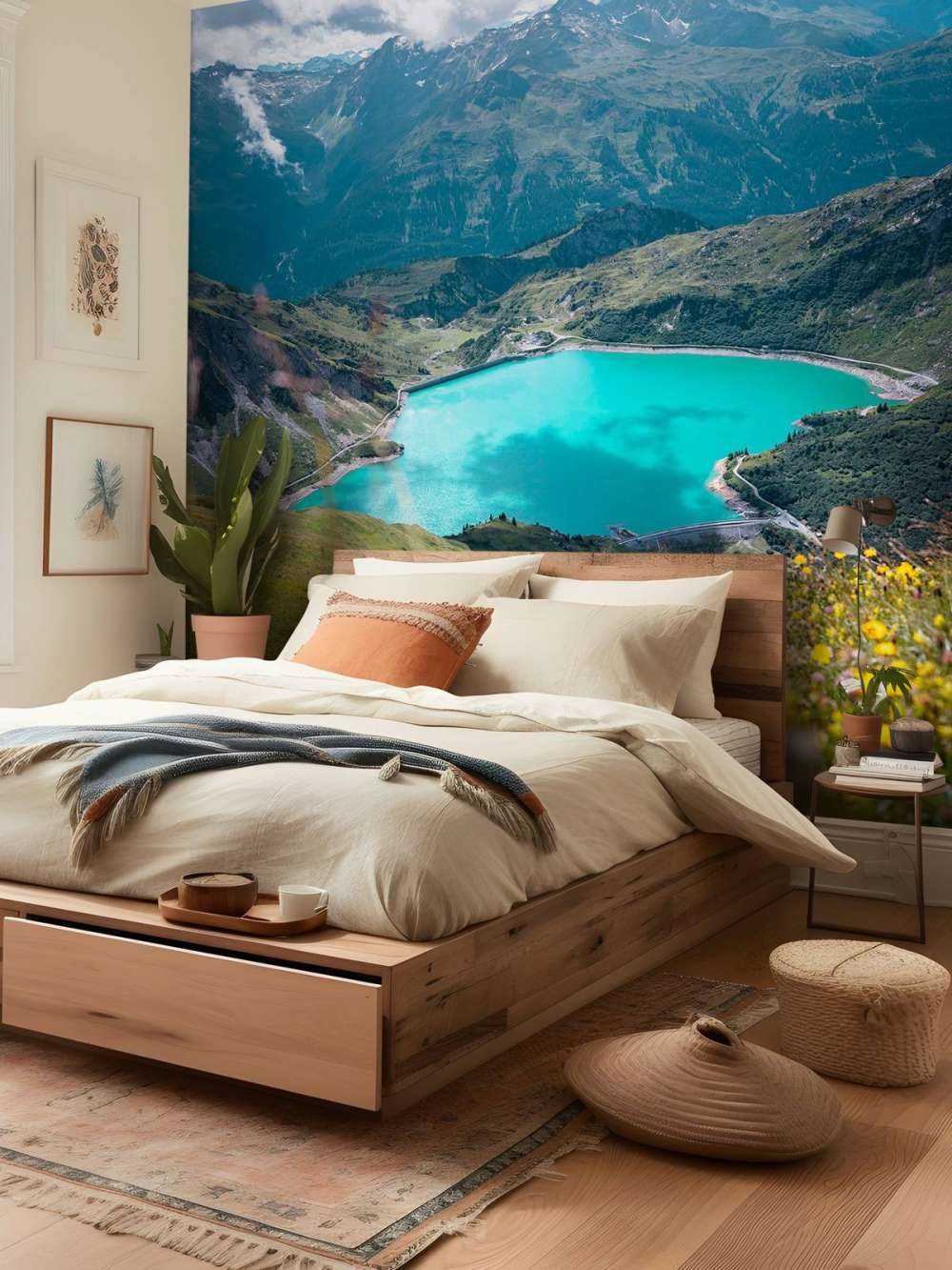 Bloemenweide aan turquoise bergmeer