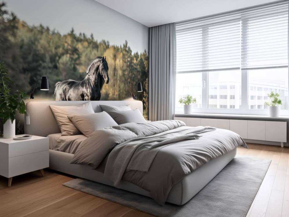 Fries Paard op het gras omringd door bomen