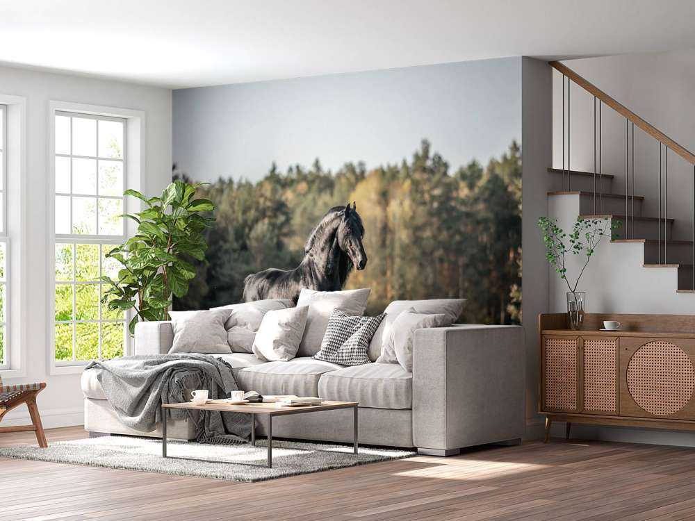 Fries Paard op het gras omringd door bomen