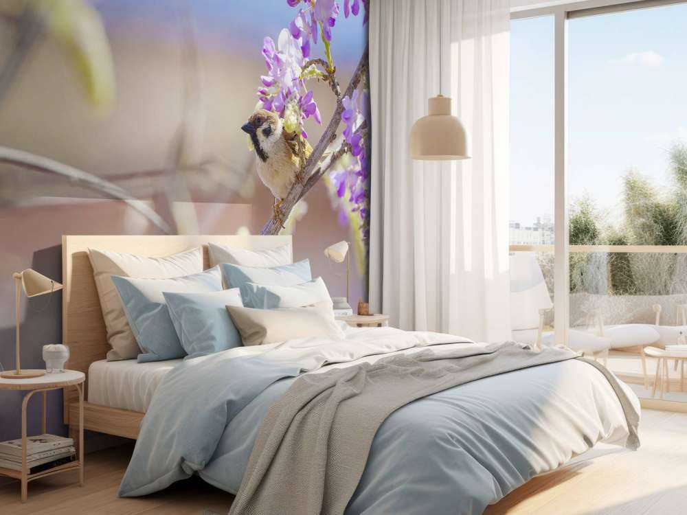 Mus en paarse bloemen