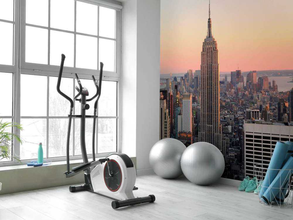 De Skyline van New York bij zonsondergang