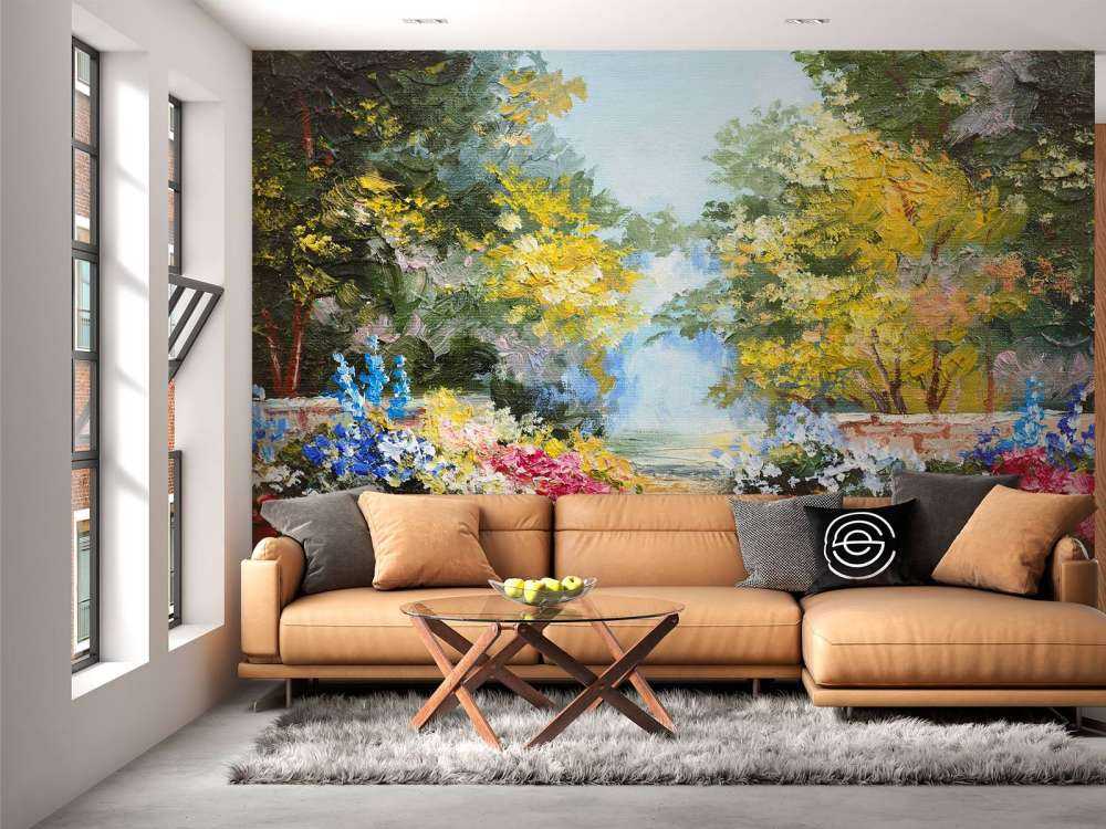 Olieverfschilderij van een parkje met bloemen