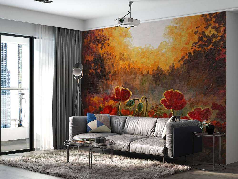 Olieverfschilderij van klaprozen bij zonsondergang