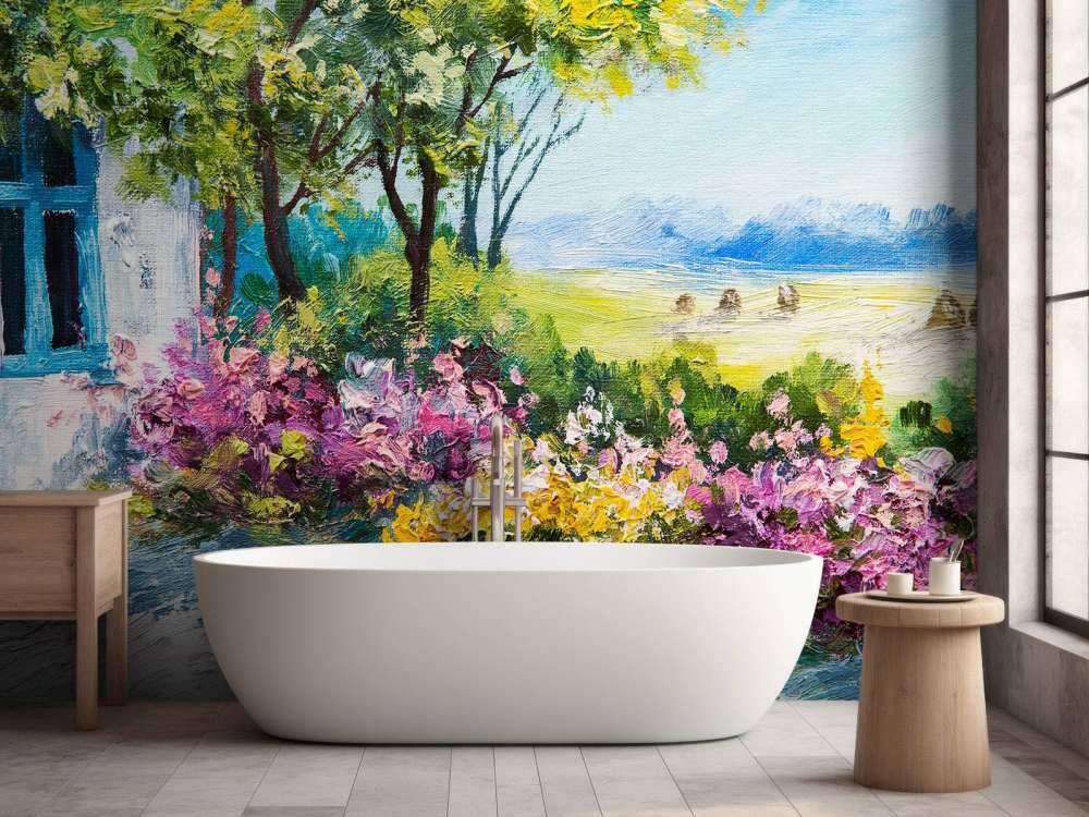 Uitzicht vanaf een tuin schilderij