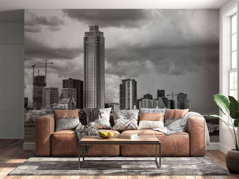 Skyline Rotterdam (Westerkade) vanaf Katendrecht (zwart wit) 