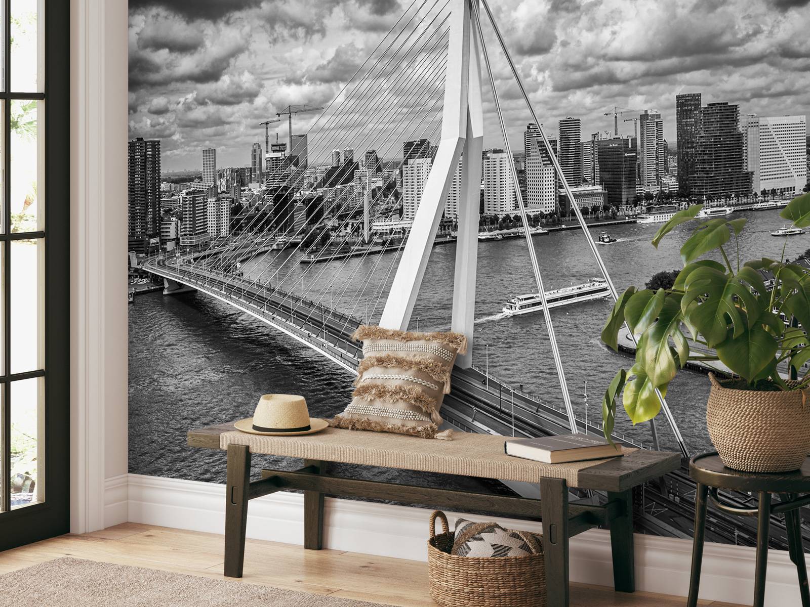Rotterdam centrum vanaf grote hoogte in zwart wit  