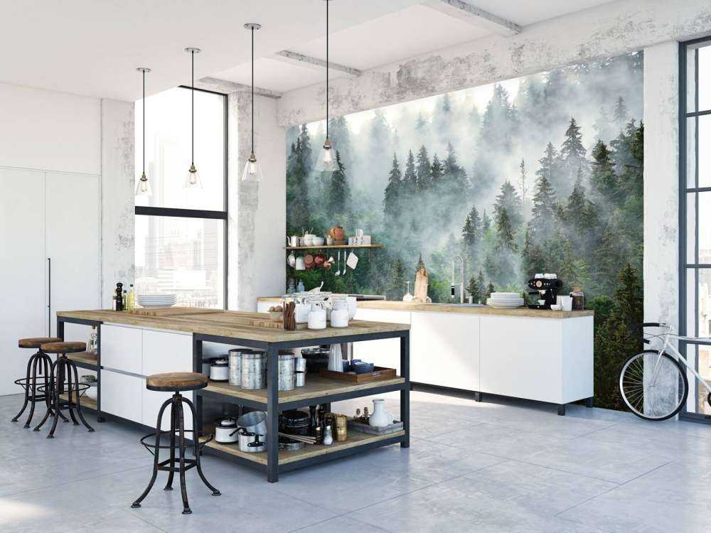 Mistig landschap met groene bomen