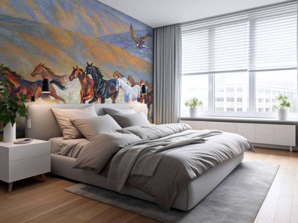 Schilderij van paarden en een vliegende adelaar