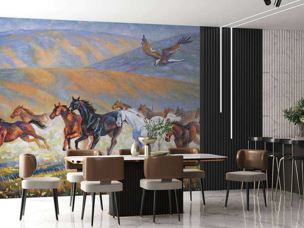 Schilderij van paarden en een vliegende adelaar