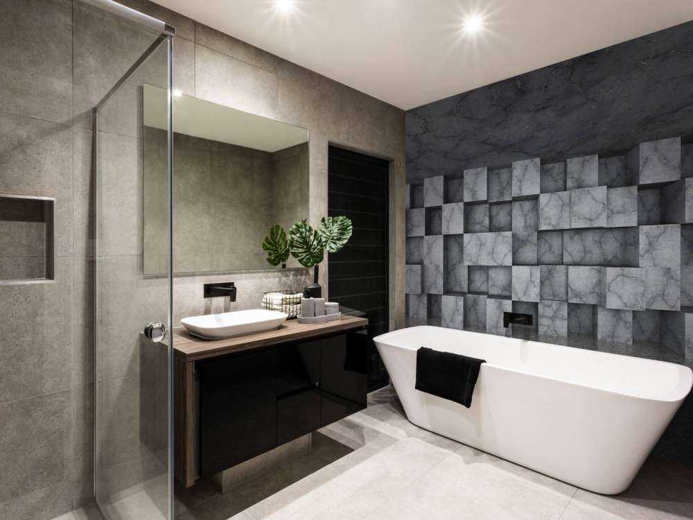 Betonnen ruimte met kubussen tegen de muur