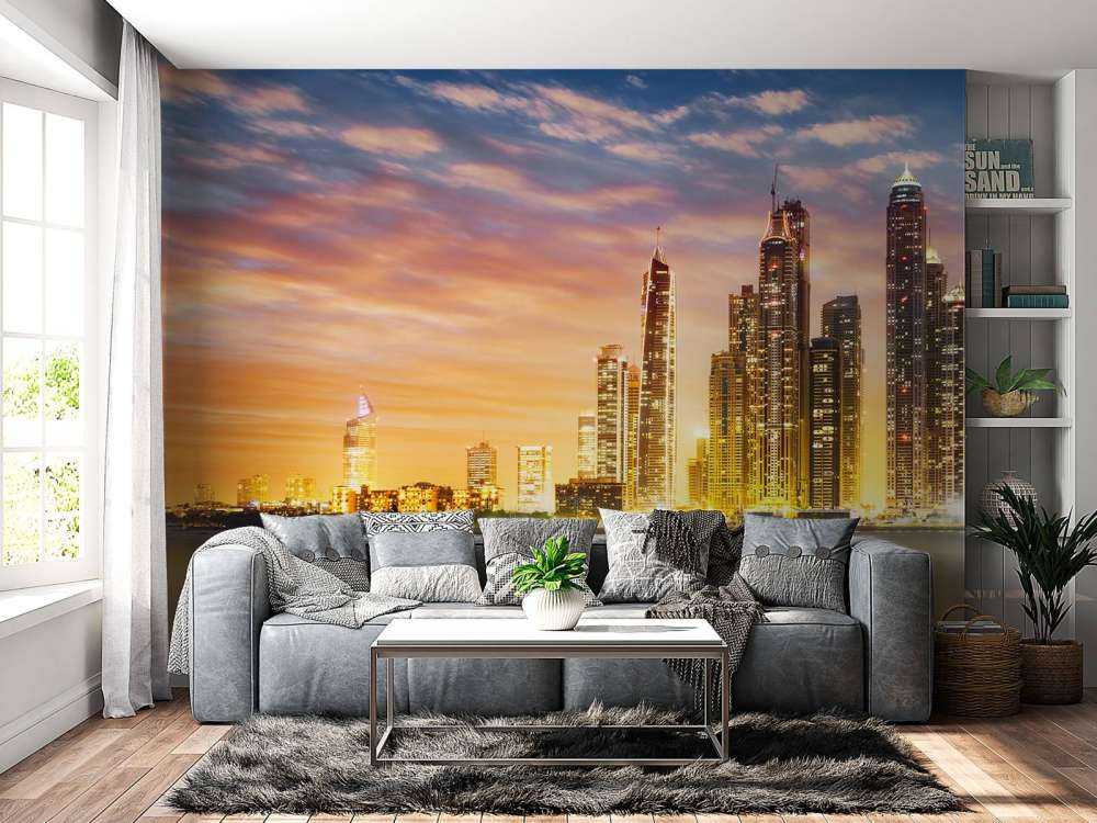 Skyline van Dubai vanaf Palm Jumeirah