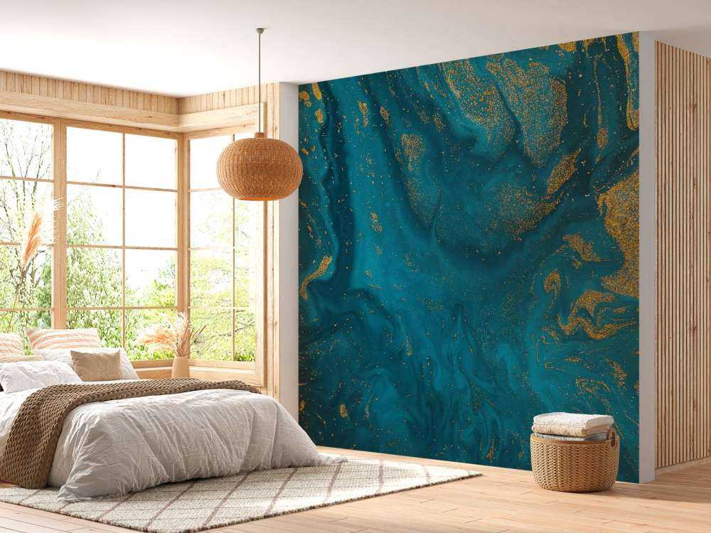 Blauwe verf met gouden glitter poeder