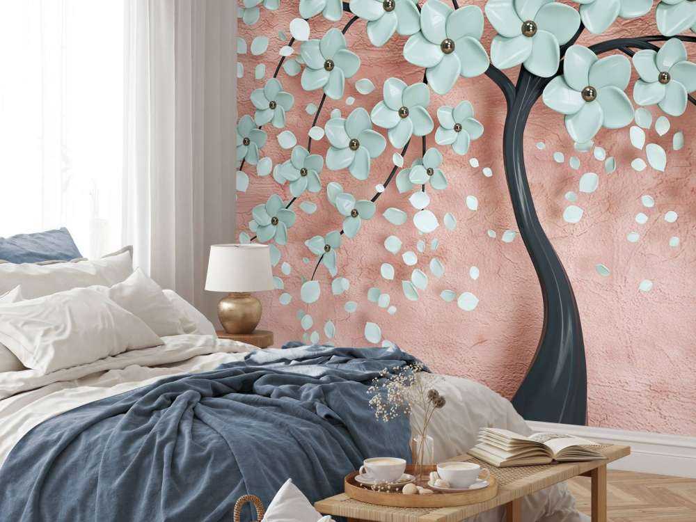 Zwarte fantasieboom met mintkleurige bloemen