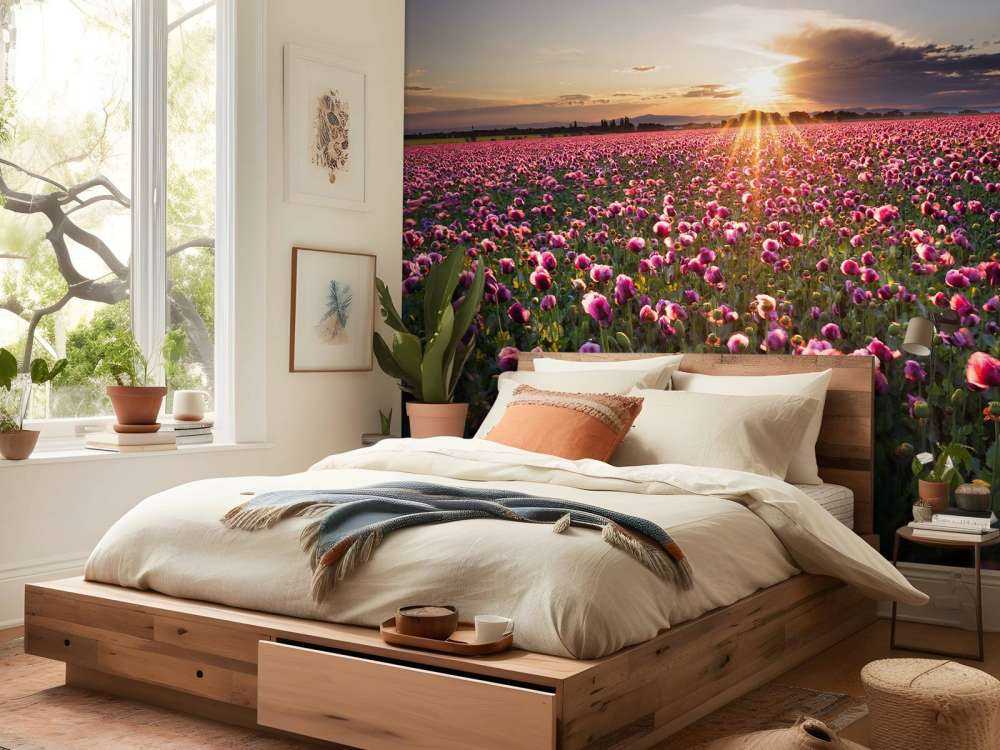 Roze klaprozenveld bij zonsondergang