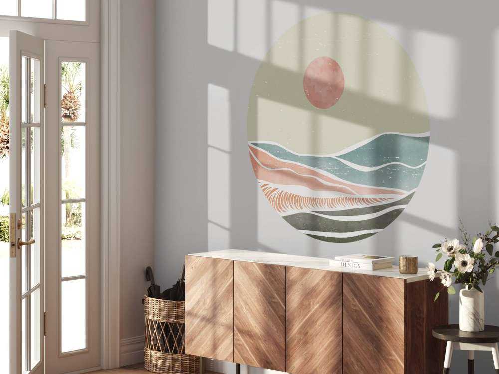 Gekleurde oceaangolven met een rode maan