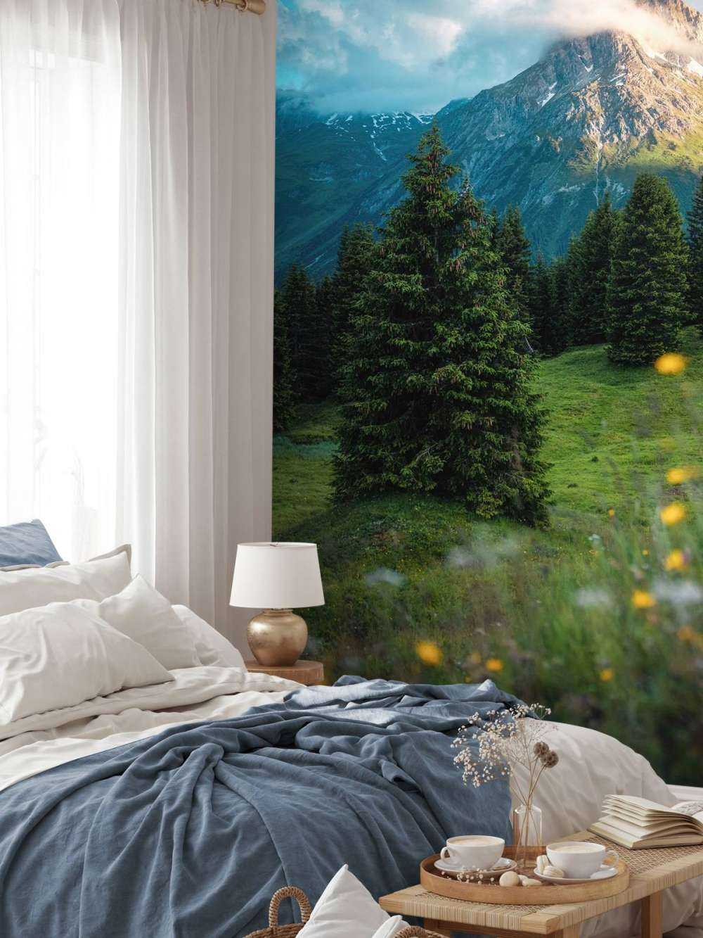 Bergweide in ochtendnevel