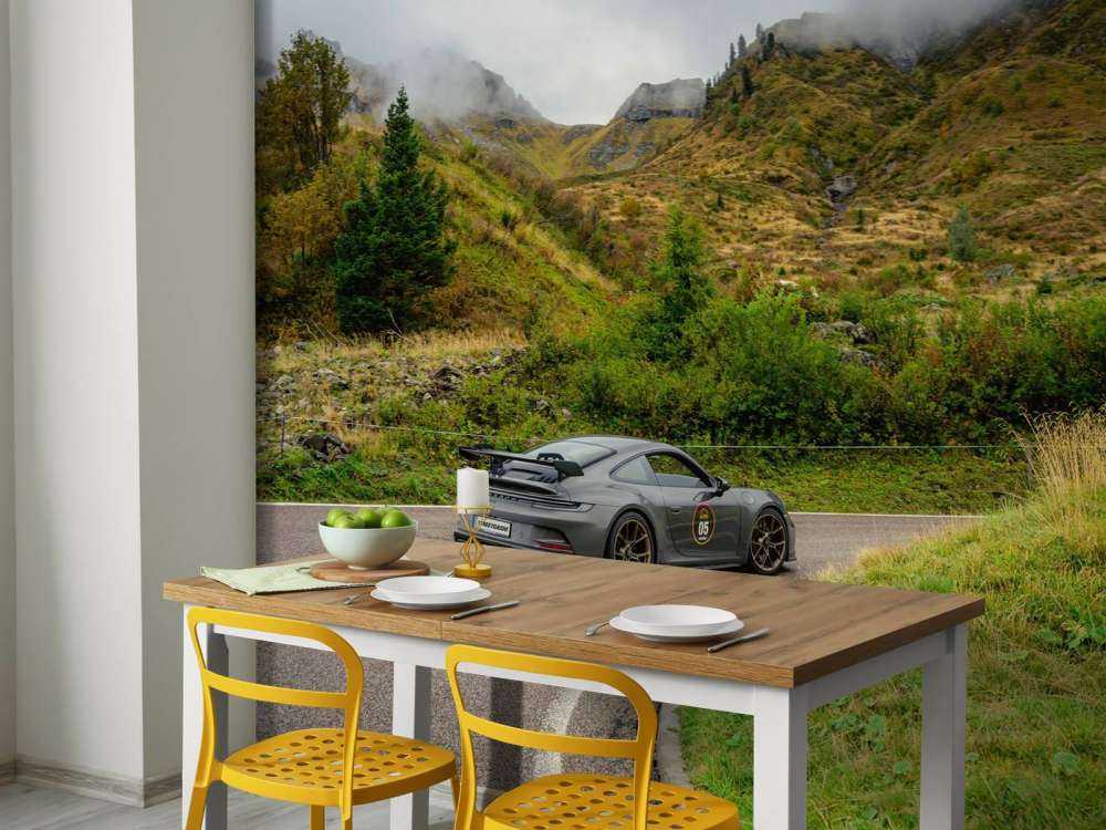 Sportwagen door bergmist