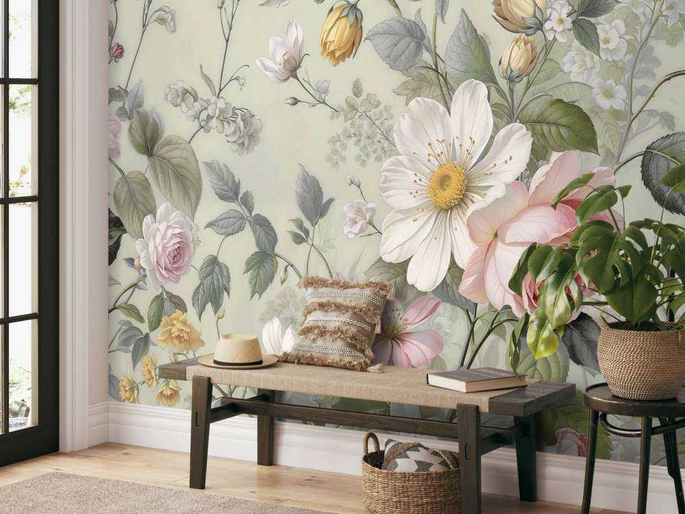 Romantische veldbloemen op saliegroen