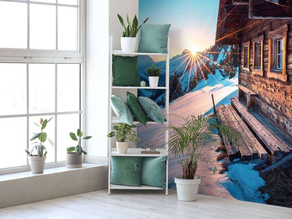 Ochtendlucht bij houten alpenhut