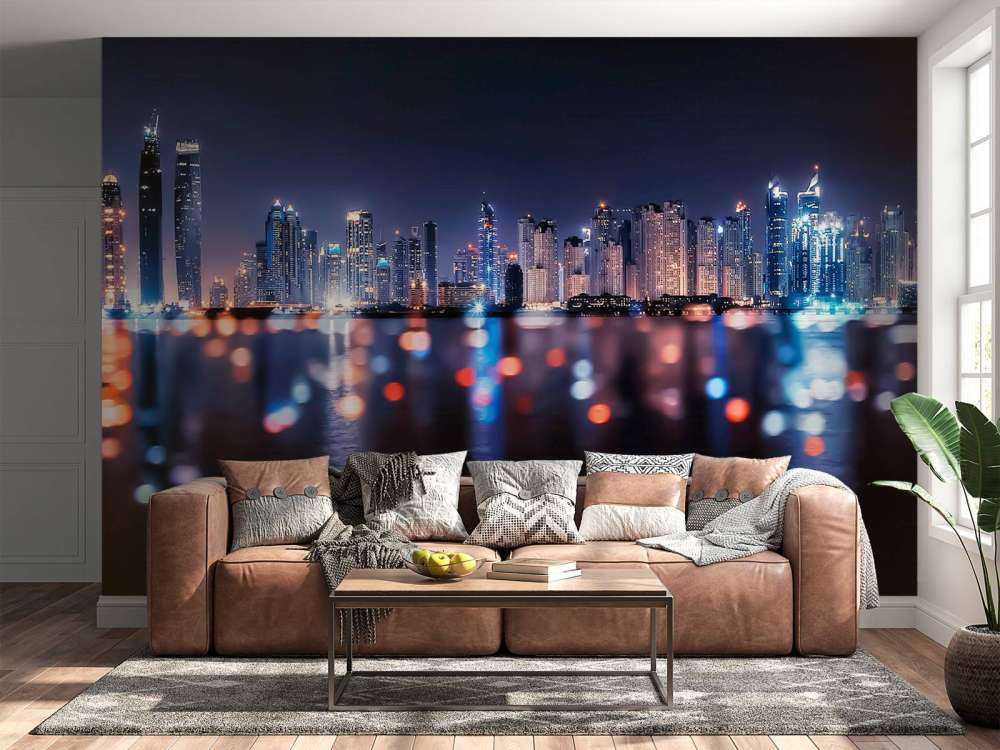 Nachtelijke skyline aan het water