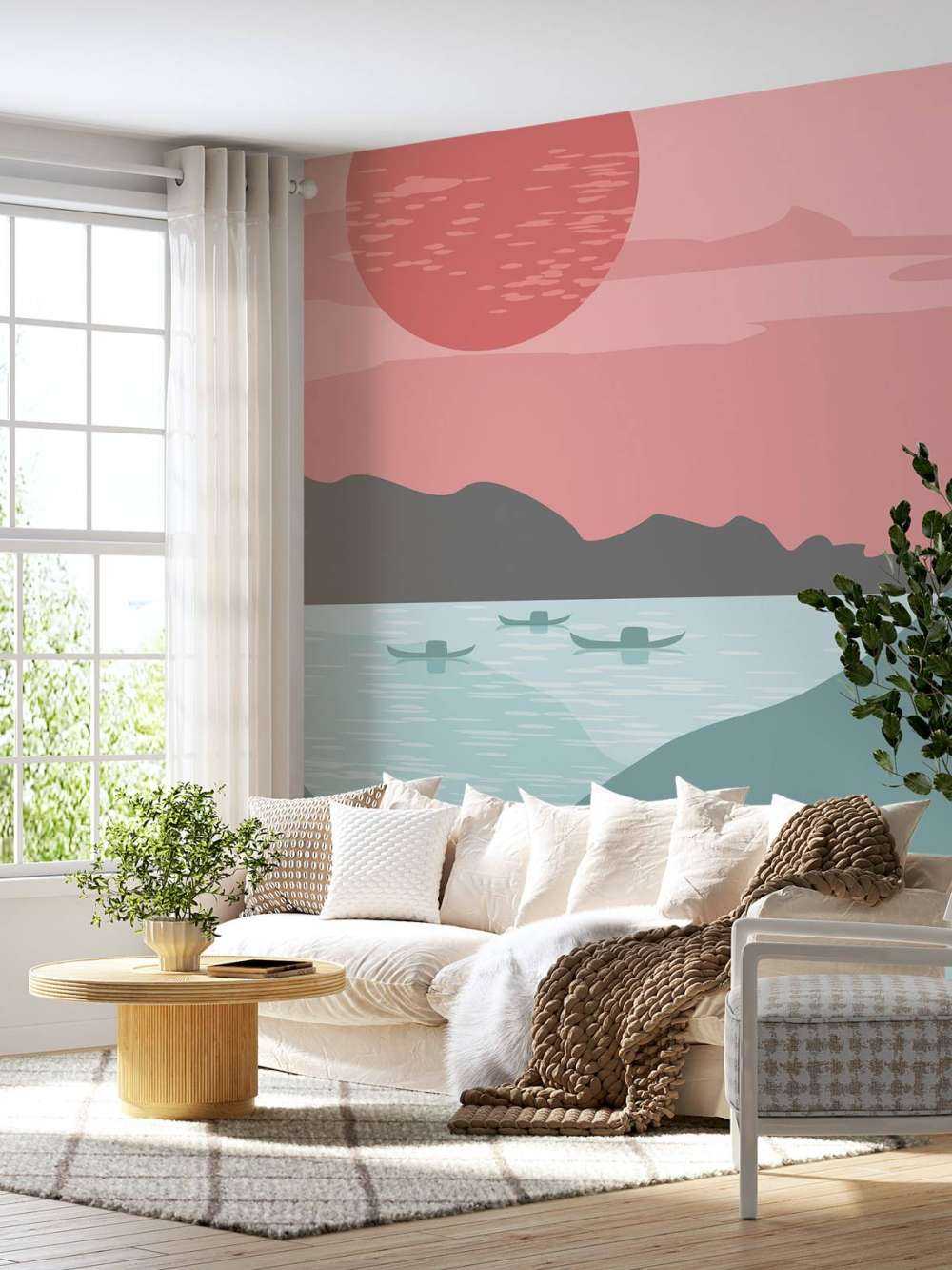 Illustratie van bergen en bootjes