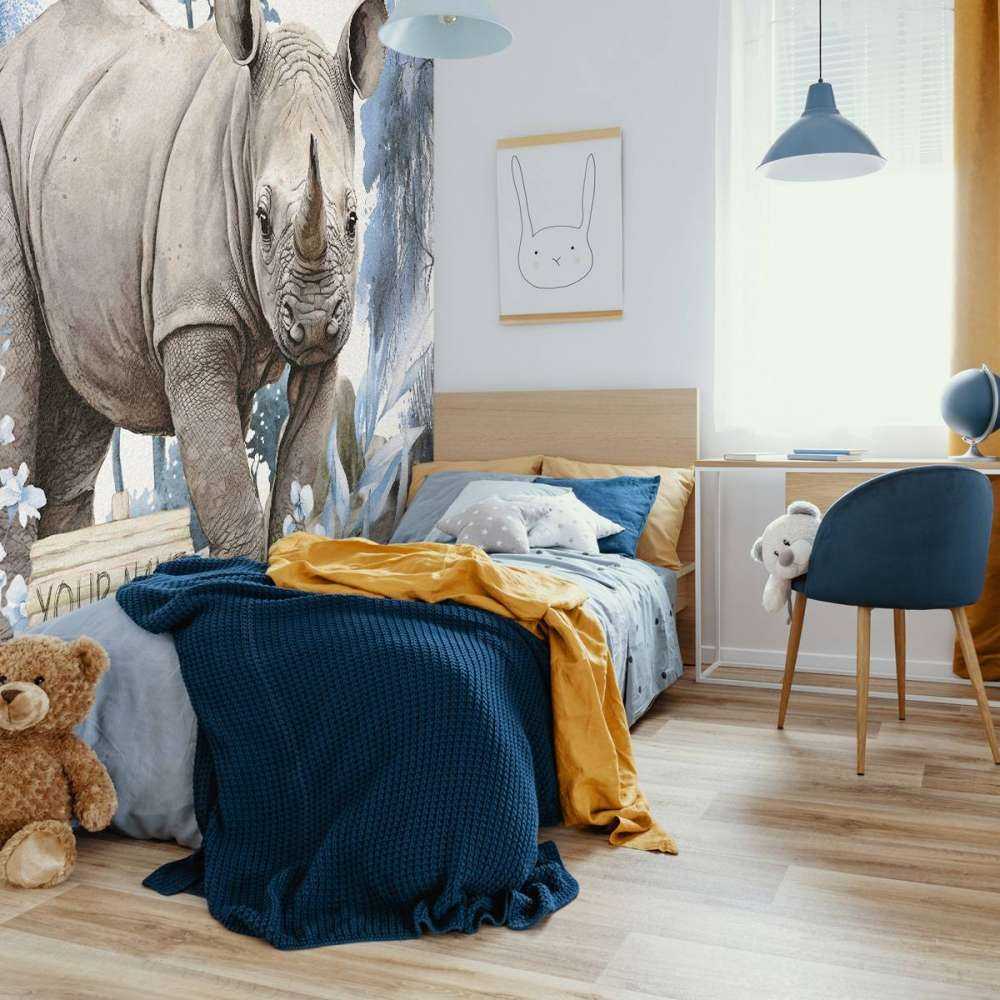 Baby neushoorn op de savanne blauw