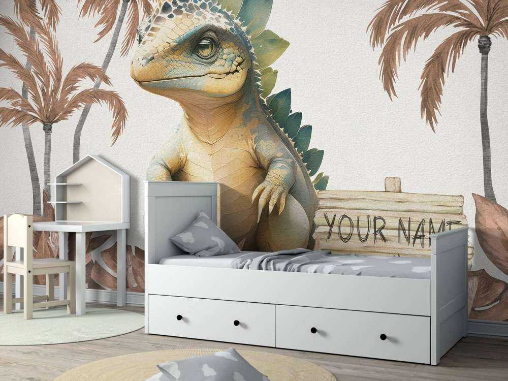 Baby stegosaurus in de jungle taupe