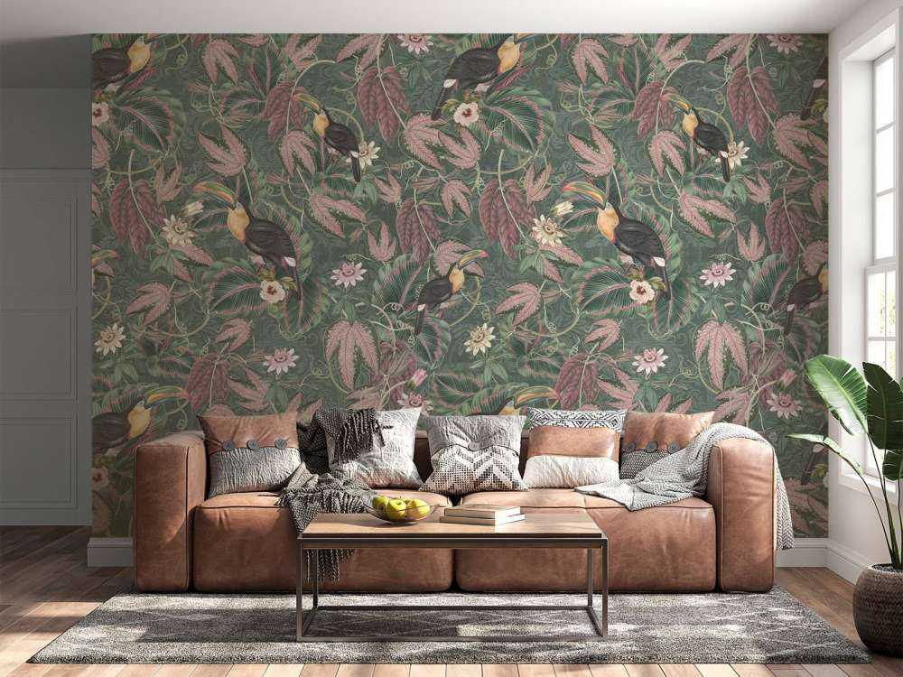 Tropische Jungle vogels & Toekans - donker groen