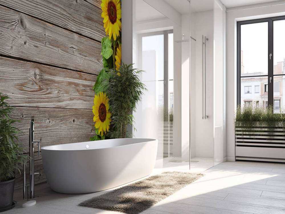 Zonnebloemen en hout