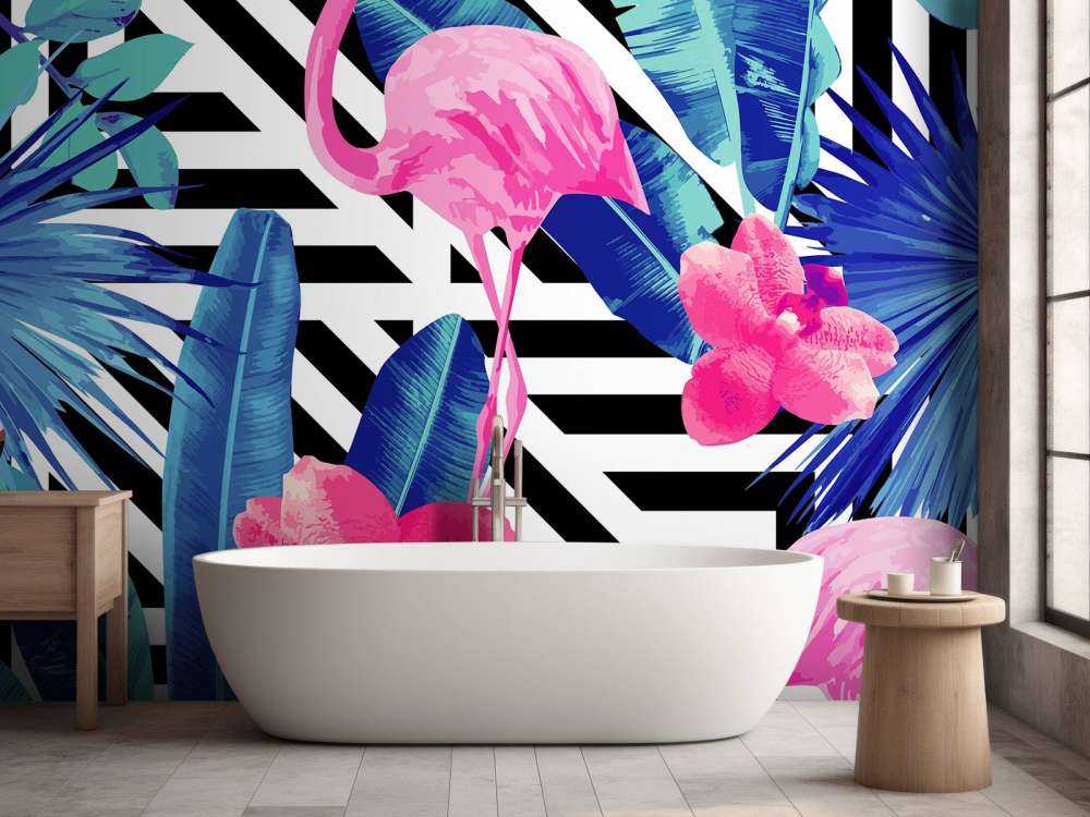 Flamingo print met witte en zwarte strepen